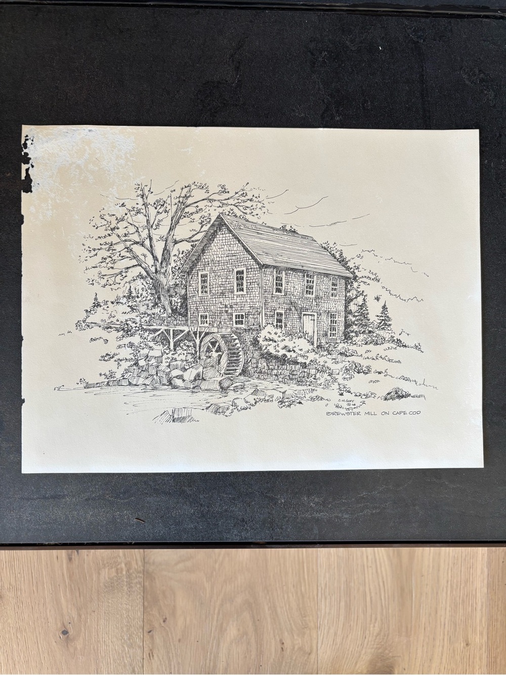 Vintage Print, Pen And Ink Printed Titled  “Brewster Mill On A Cape Cod.” Artist